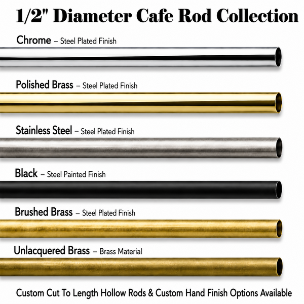 1/2 inch cafe curtain rod in brushed brass
48 inch metal cafe curtain rod for kitchen window
1/2 inch cafe rod for bathroom curtain
decorative metal cafe curtain rod
1/2 inch curtain rod with cafe curtain rings
designer cafe curtain hardware for small windows