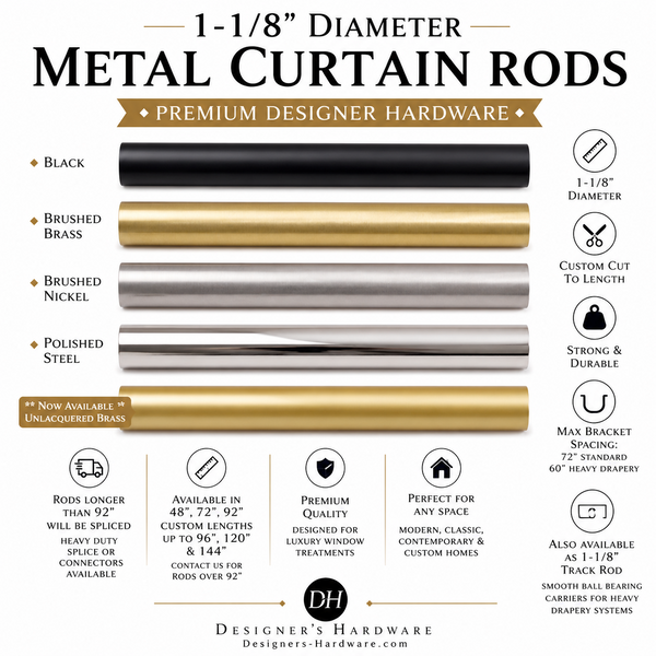 1-1/8" Diameter Metal Drapery Rod – Custom Cut to Length | Up to 72" Length