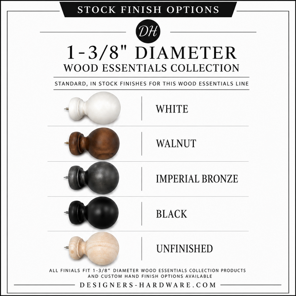 Ball Finial for 1-3/8" Diameter Wood Essentials Drapery Curtain Rods | Set of 2 Finials