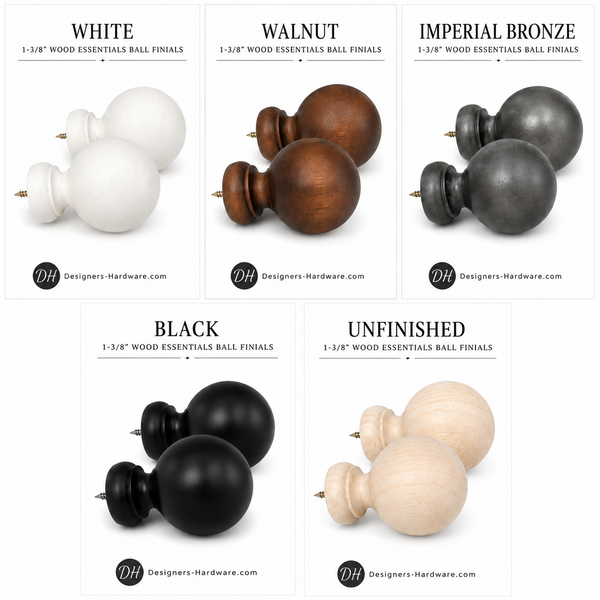 Ball Finial for 1-3/8" Diameter Wood Essentials Drapery Curtain Rods | Set of 2 Finials
