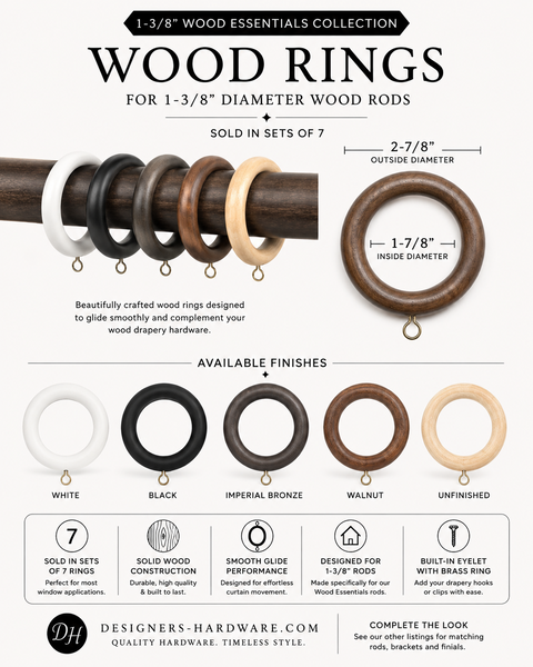 Wood Rings Set of 7 for 1-3/8" Diameter Wood Essentials Drapery Curtain Rods | Bag of 7 Rings